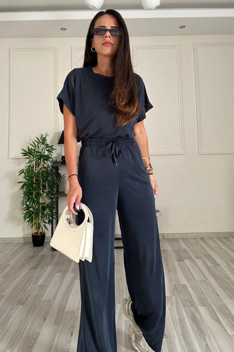 Bennie Round Neck Short Sleeve Top and Drawstring Pants Set