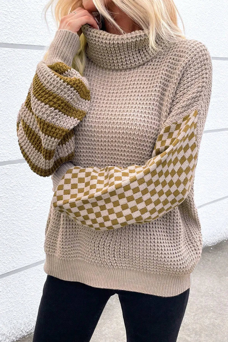 Tatum Checkered Striped Turtleneck Long Sleeve Sweater