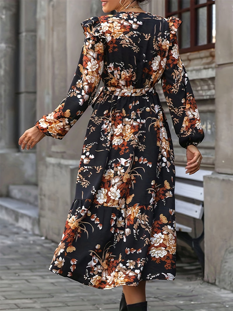 Sofia Ruffled Printed Surplice Long Sleeve Midi Dress