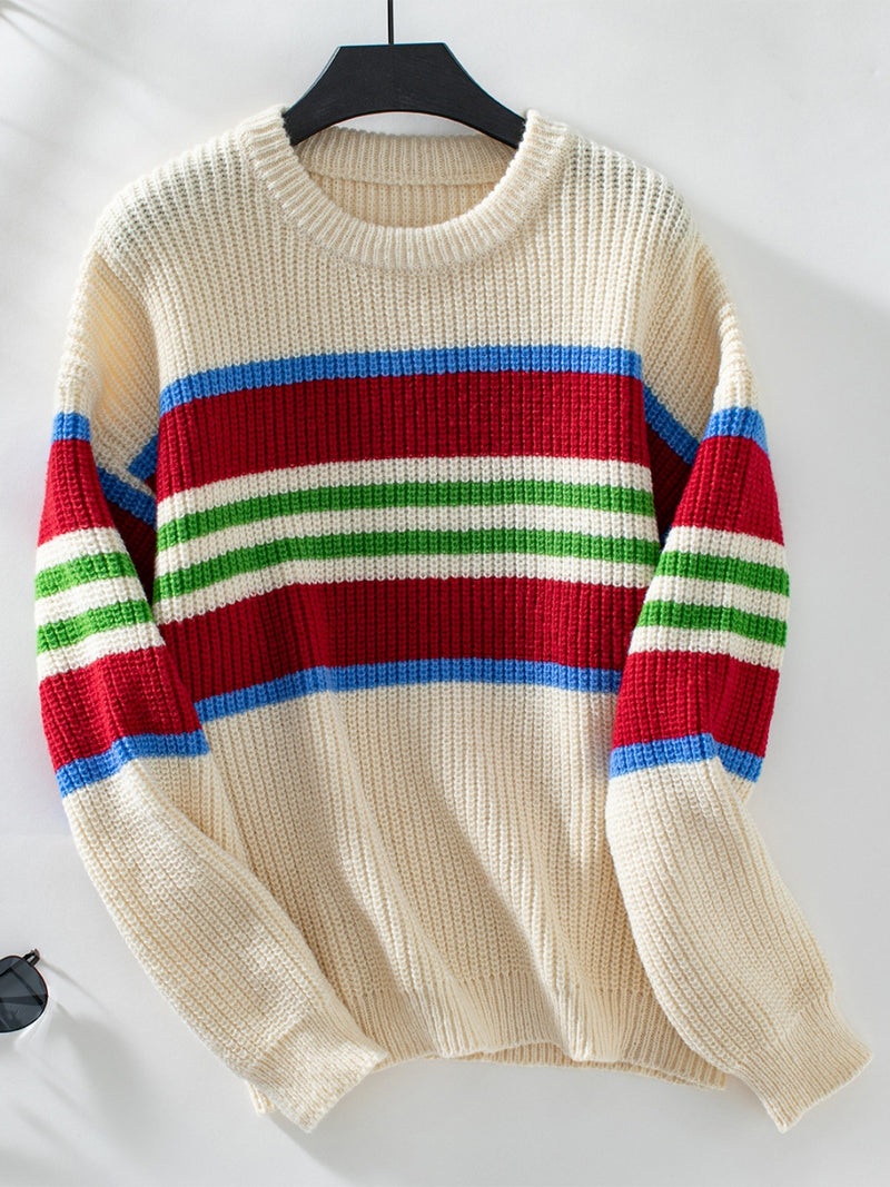 Conra Contrast Stripes Round Neck Long Sleeve Sweater