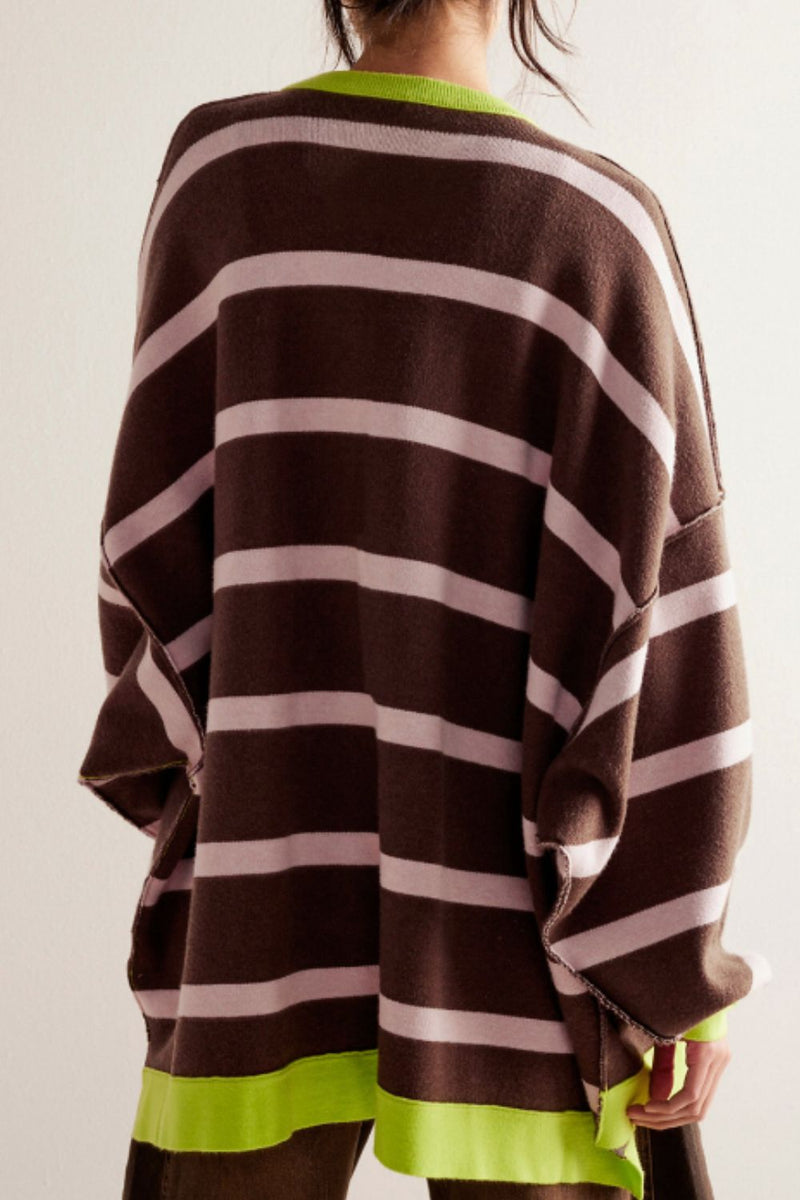 Trallie Contrast Stripes Button Down Long Sleeve Cardigan