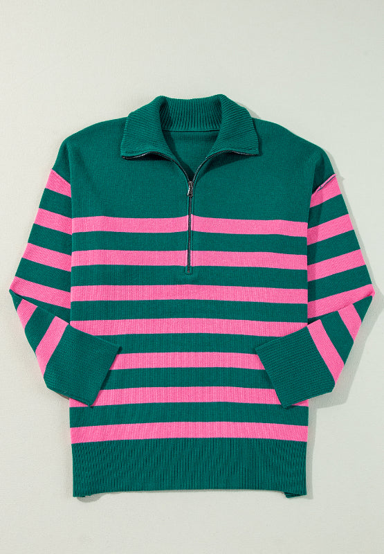 Salem Contrast Striped Quarter Zip Long Sleeve Sweater