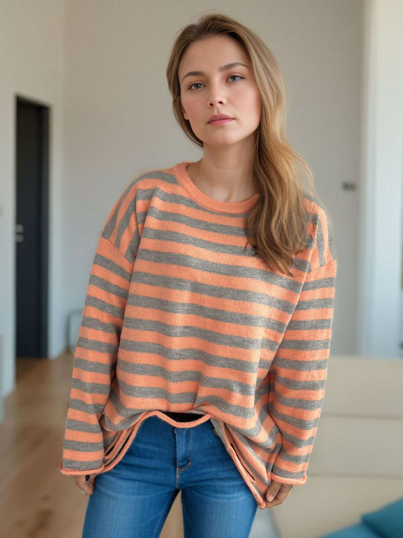 Luna Distressed Striped Round Neck Long Sleeve Sweater