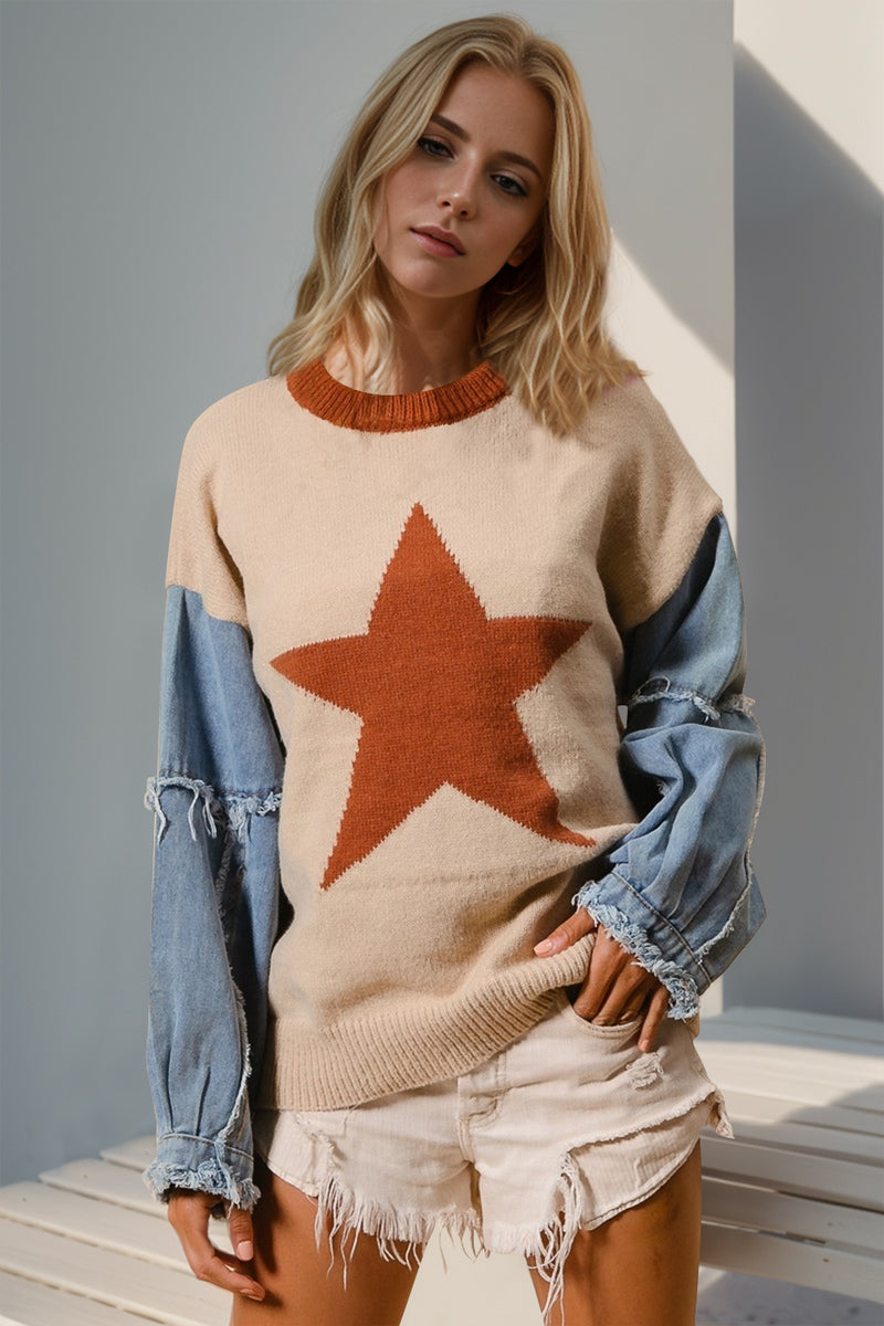 Everly Double Take Full Size Star Pattern Raw Edge Long Sleeve Sweater