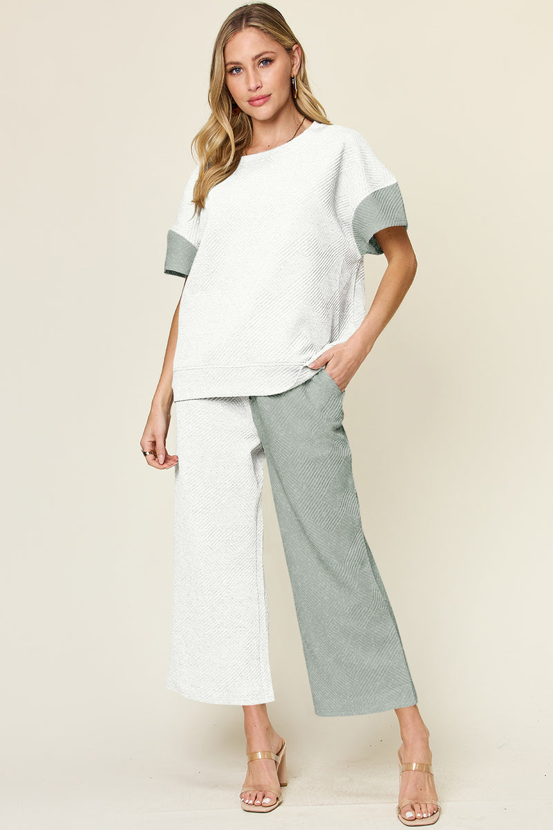 Avis Double Take Full Size Texture Contrast T-Shirt and Wide Leg Pants Set