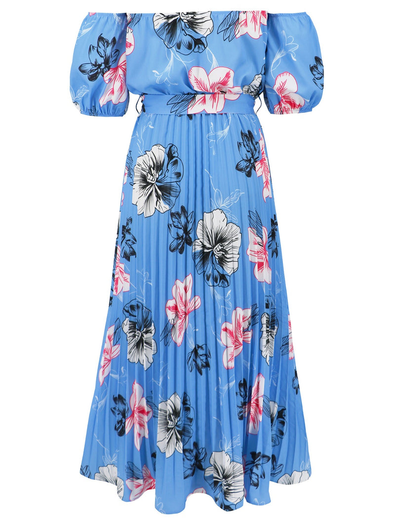 Dayna Pleated Floral Off-Shoulder Short Sleeve Midi Dress