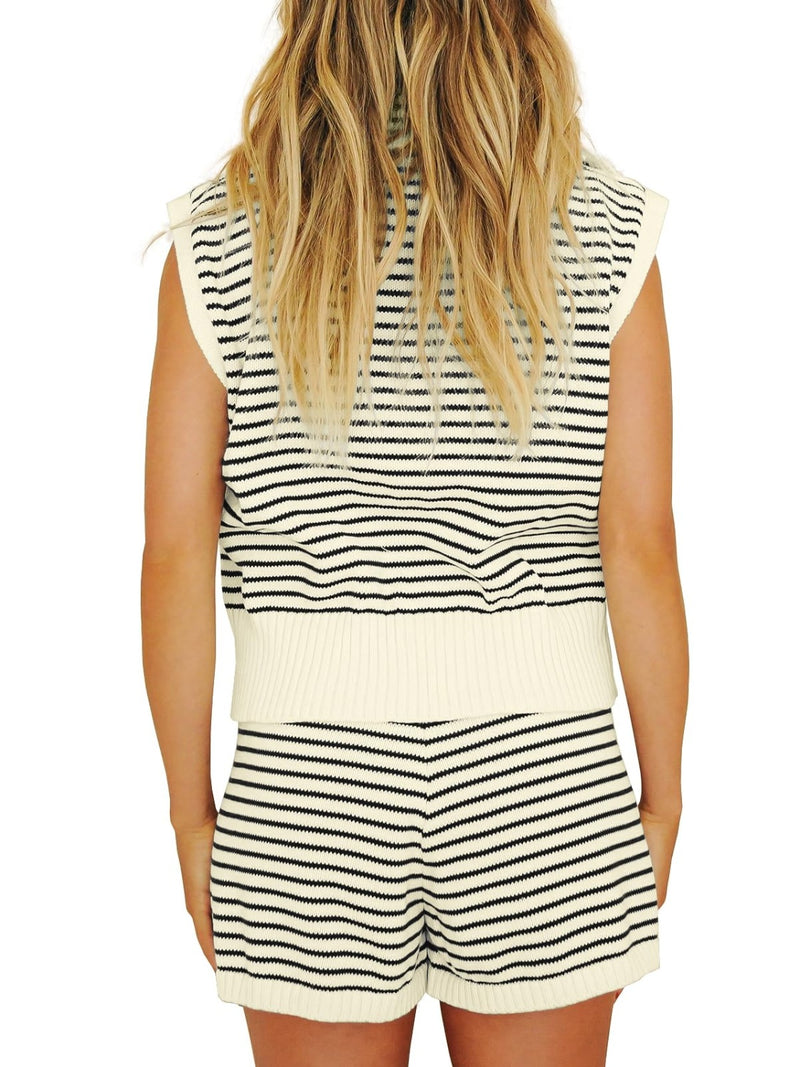 Katrina Striped Cap Sleeve Top and Shorts Sweater Set