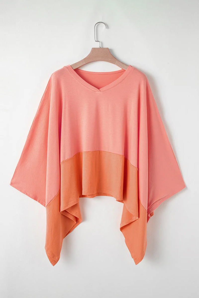 Contrast V-Neck Batwing Sleeve Blouse