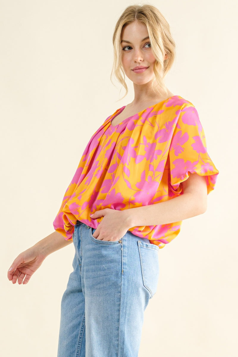 Tiller Full Size Printed Satin Bubble Hem Top