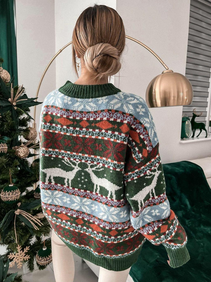 Christmas Geometric Round Neck Dropped Shoulder Sweater