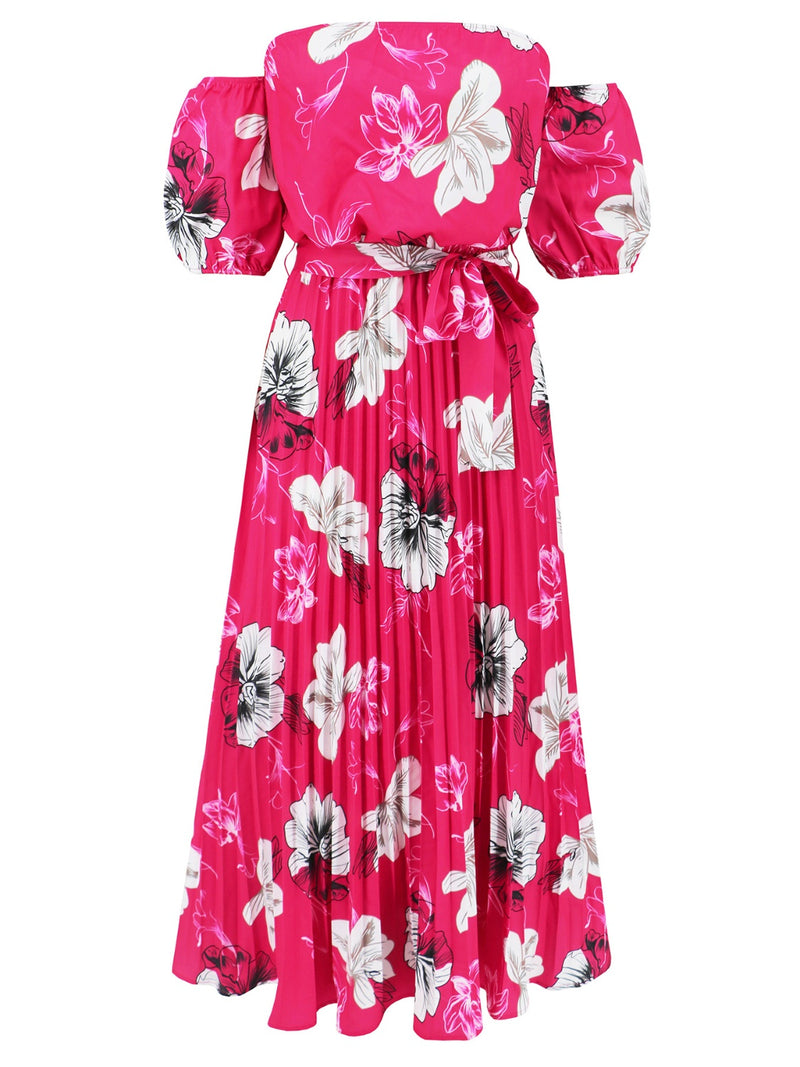 Dayna Pleated Floral Off-Shoulder Short Sleeve Midi Dress