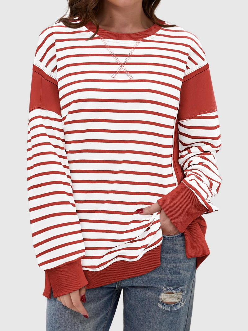 Chalesa Slit Exposed Seam Striped Long Sleeve Sweatshirt