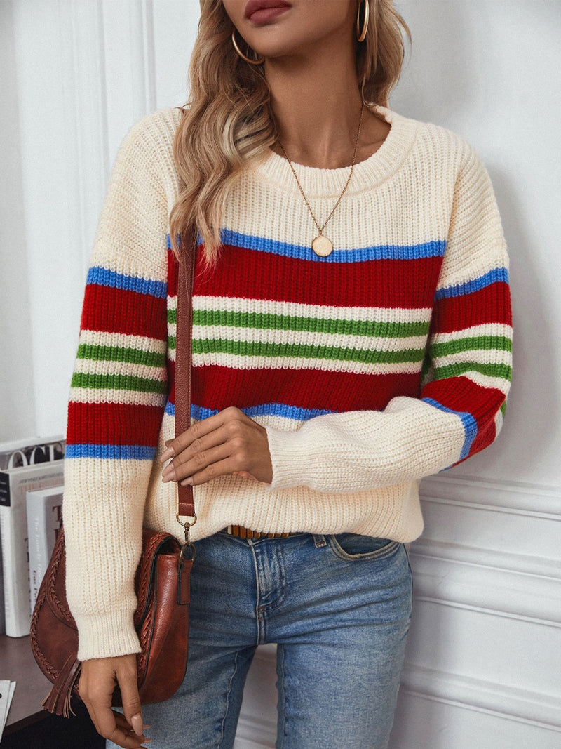 Conra Contrast Stripes Round Neck Long Sleeve Sweater