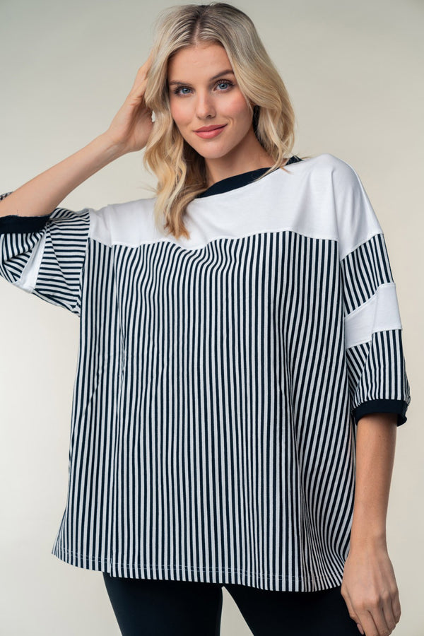 Gwen Full Size Striped Contrast Round Neck Top