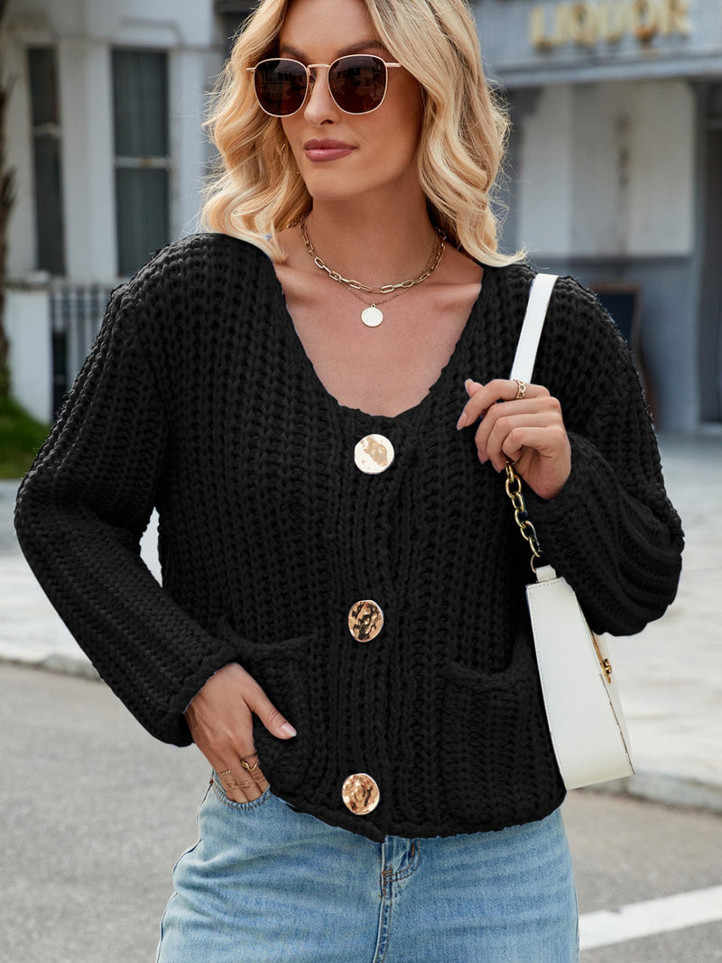 Katie Round Neck Button Up Cardigan with Pockets