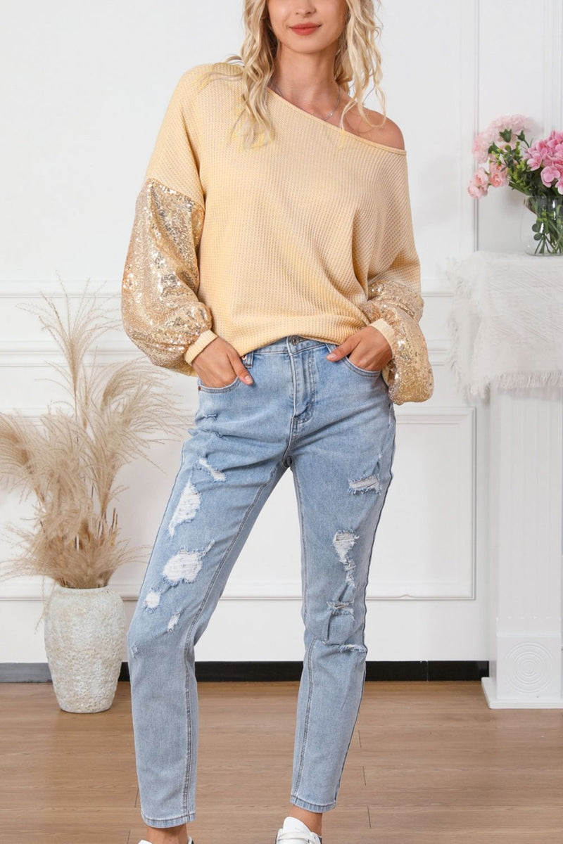 Daphne Sequin Crisscross Boat Neck Long Sleeve Blouse