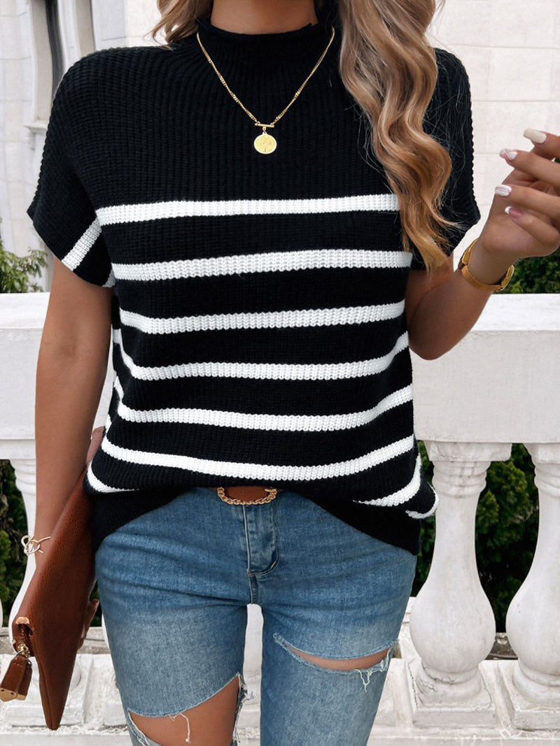 Pamela Striped Mock Neck Short Sleeve Sweater