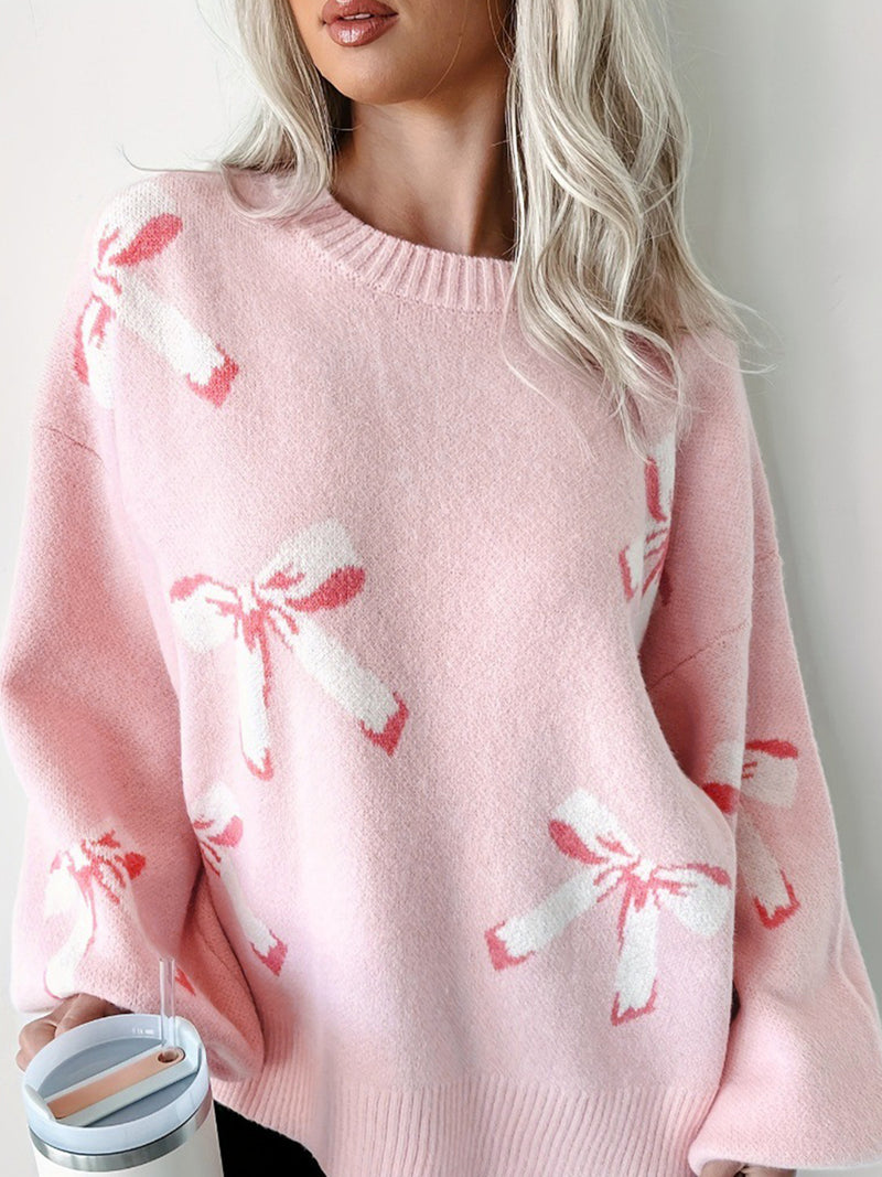 Tellie Bow Round Neck Long Sleeve Sweater