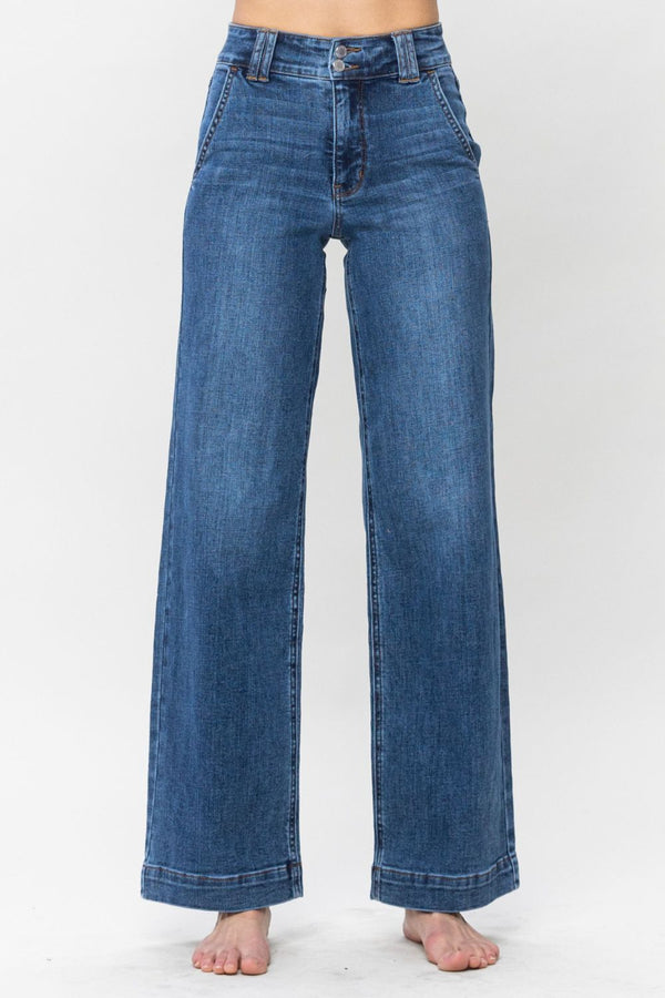 Rosie Judy Blue Full Size Double Button Wide Leg Jeans