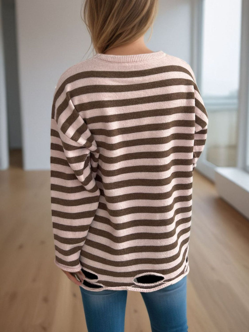 Luna Distressed Striped Round Neck Long Sleeve Sweater