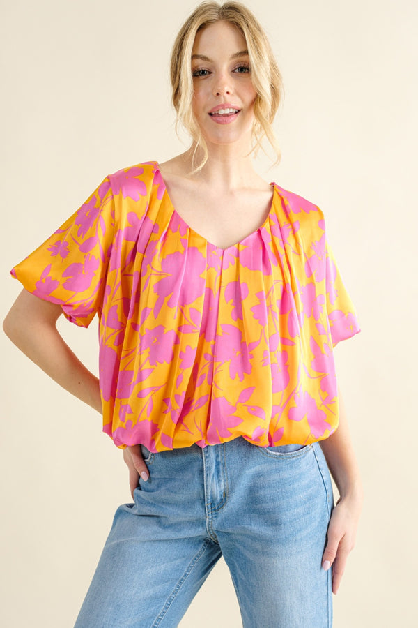 Tiller Full Size Printed Satin Bubble Hem Top