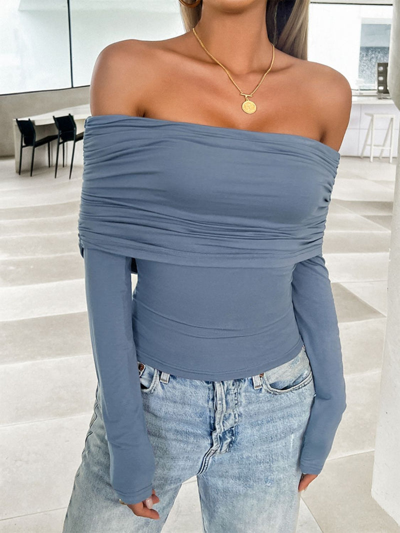 Jessica Ruched Off-Shoulder Long Sleeve T-Shirt