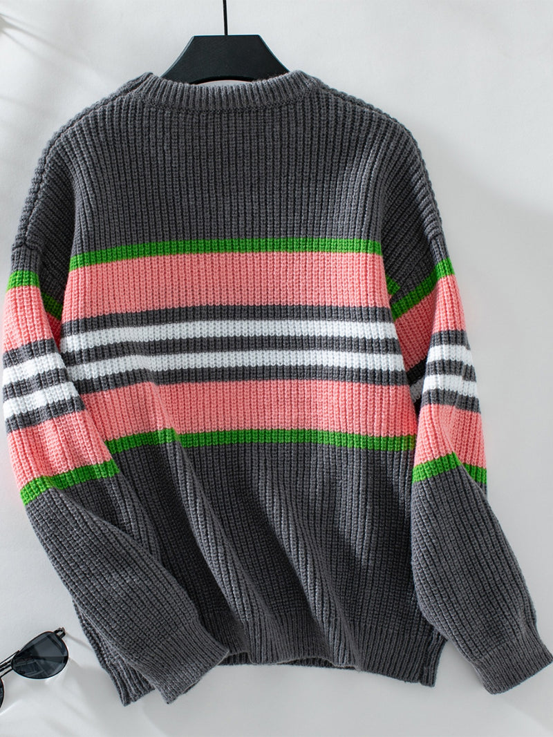 Conra Contrast Stripes Round Neck Long Sleeve Sweater