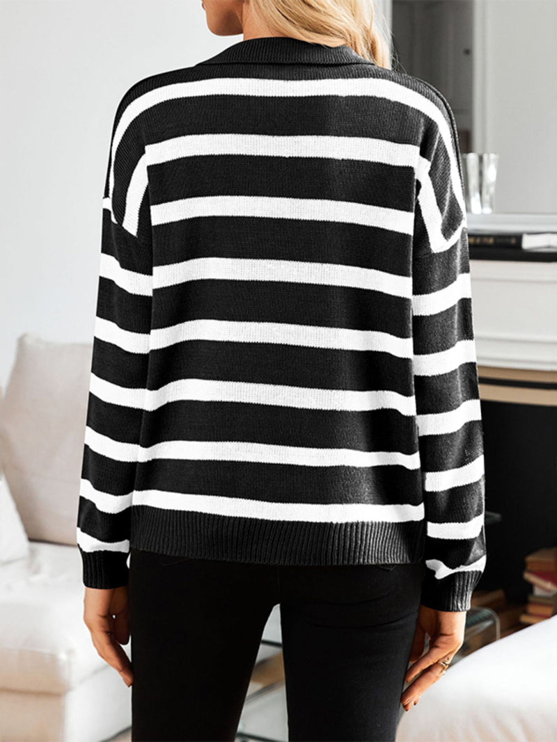 Whitley Striped Johnny Collar Long Sleeve Sweater