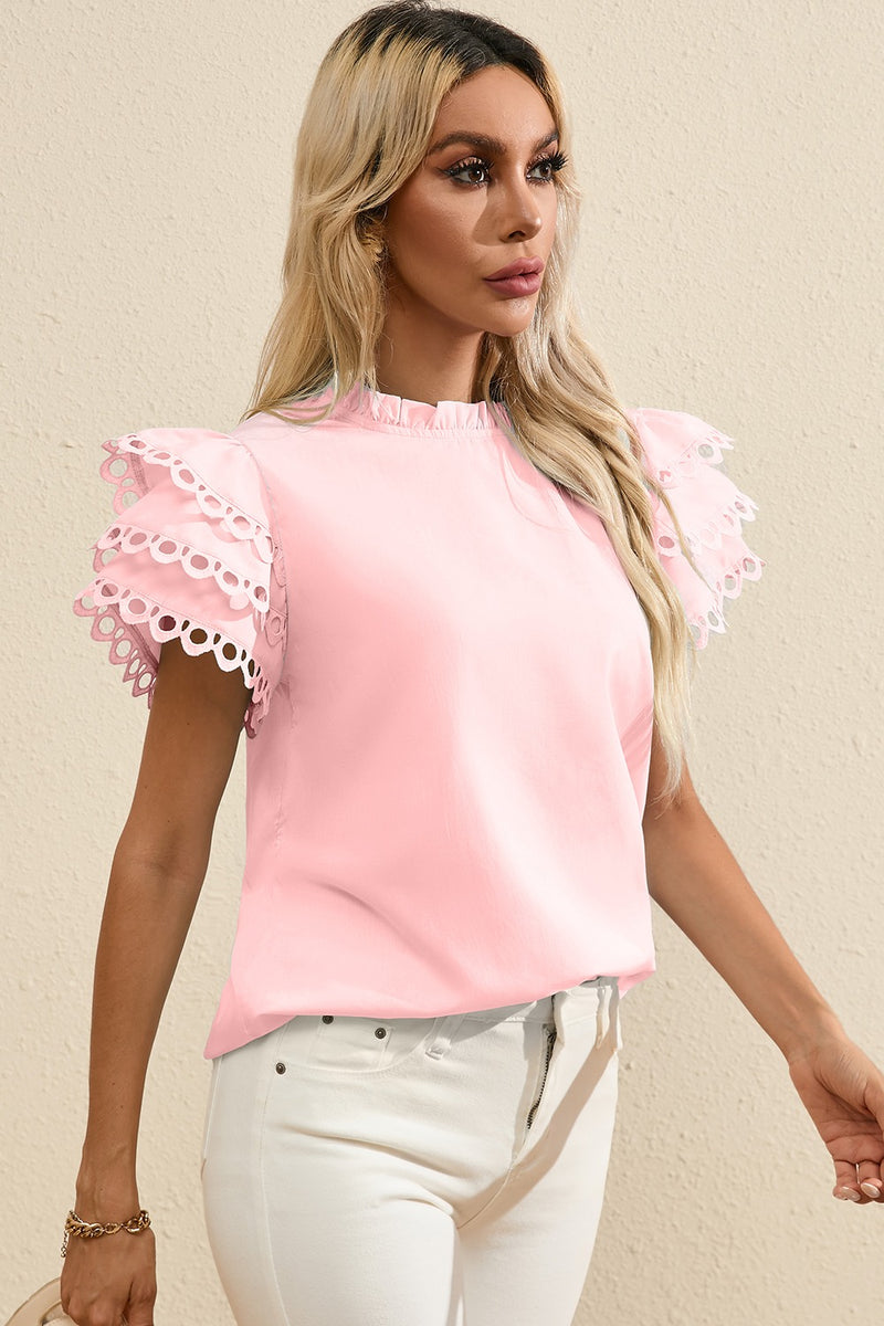 Bailey Ruffled Eyelet Round Neck Cap Sleeve Blouse