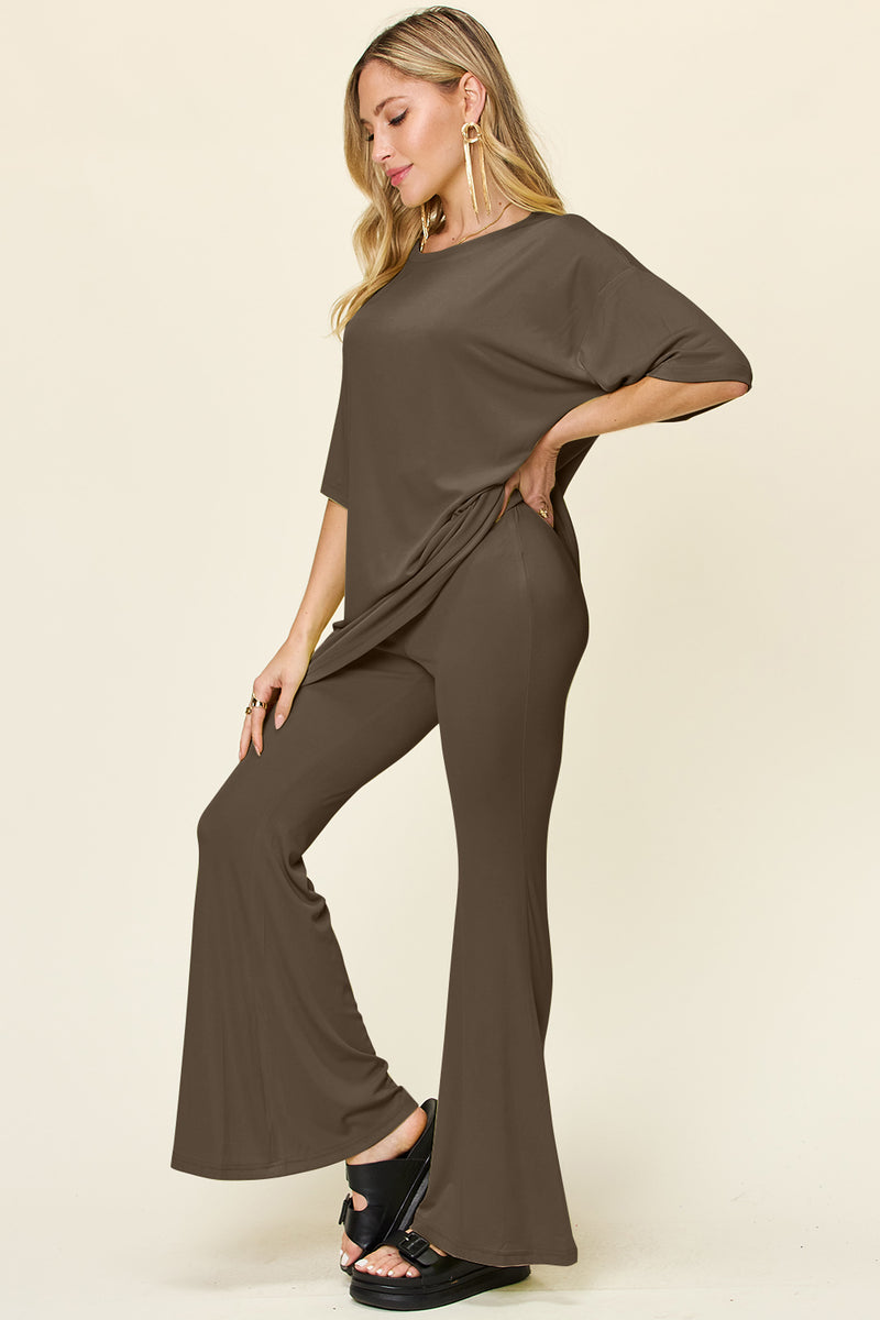 Ames Full Size Round Neck Drop Shoulder T-Shirt and Flare Pants Set