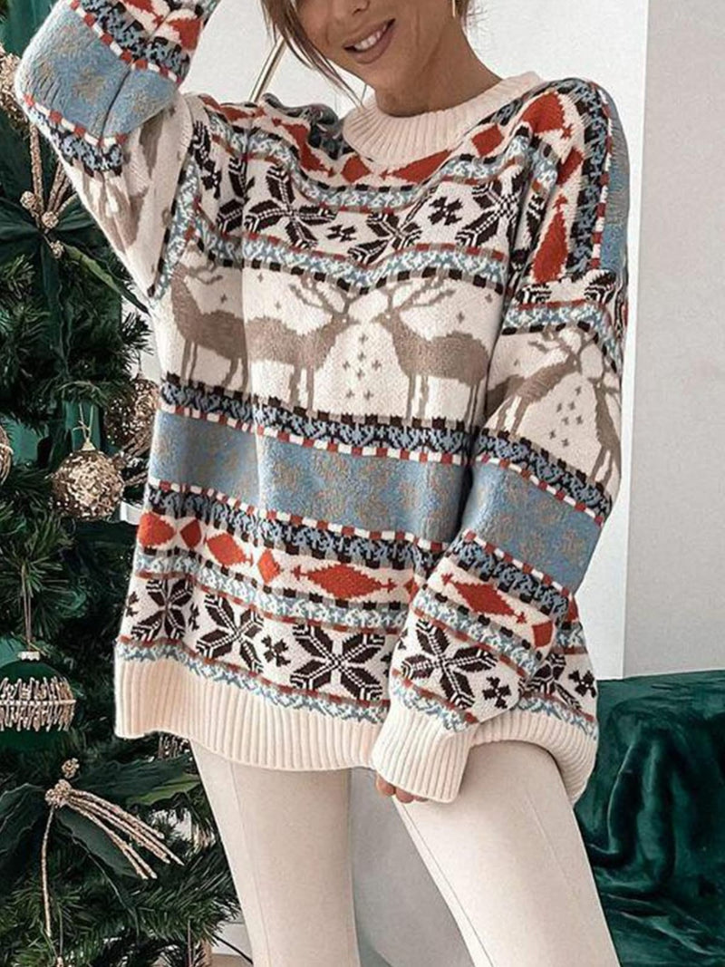 Christmas Geometric Round Neck Dropped Shoulder Sweater