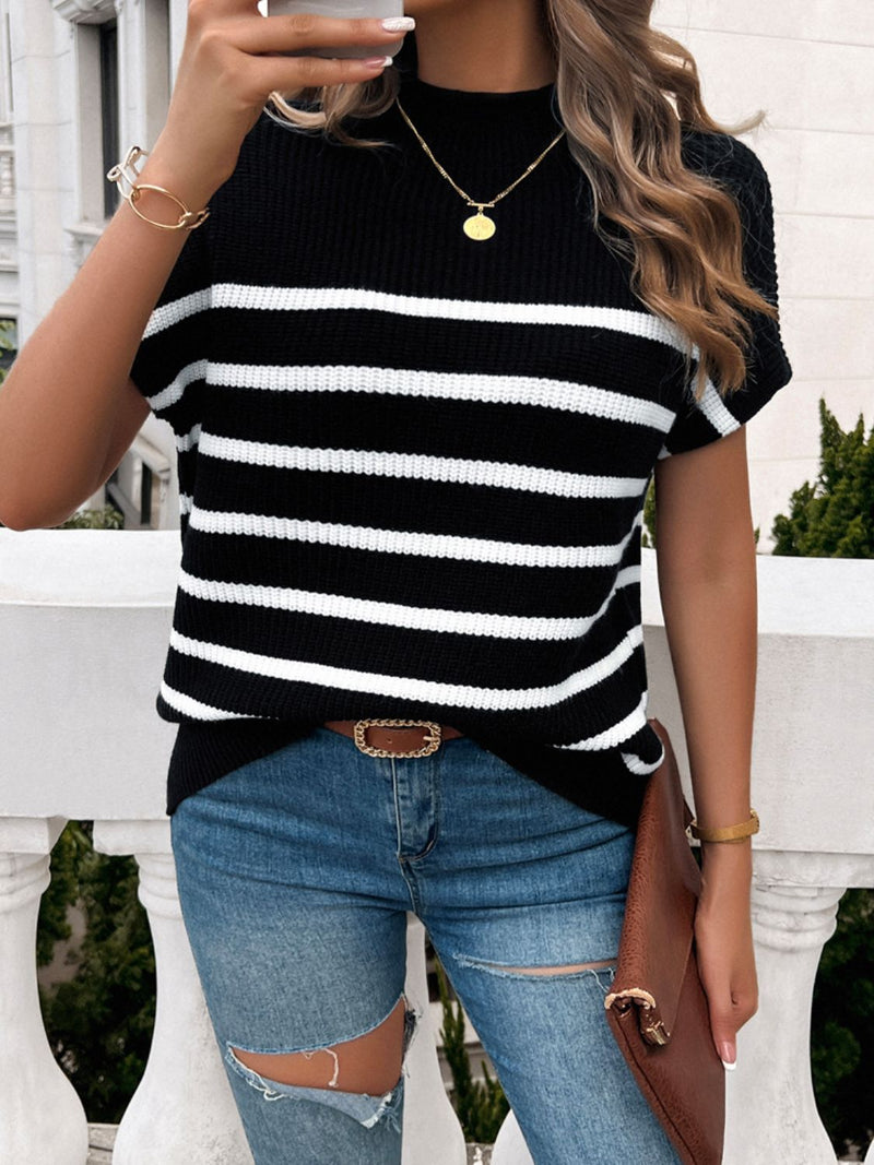 Pamela Striped Mock Neck Short Sleeve Sweater