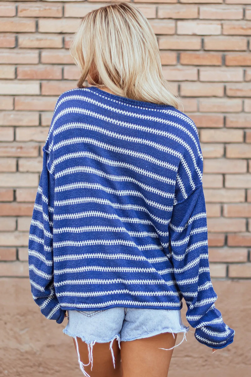 Brianna Striped Round Neck Dropped Shoulder Sweater