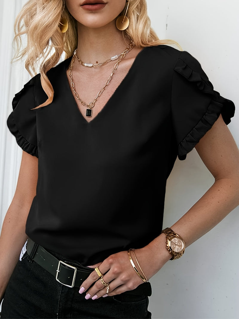 Dean Frill V-Neck Short Sleeve Blouse