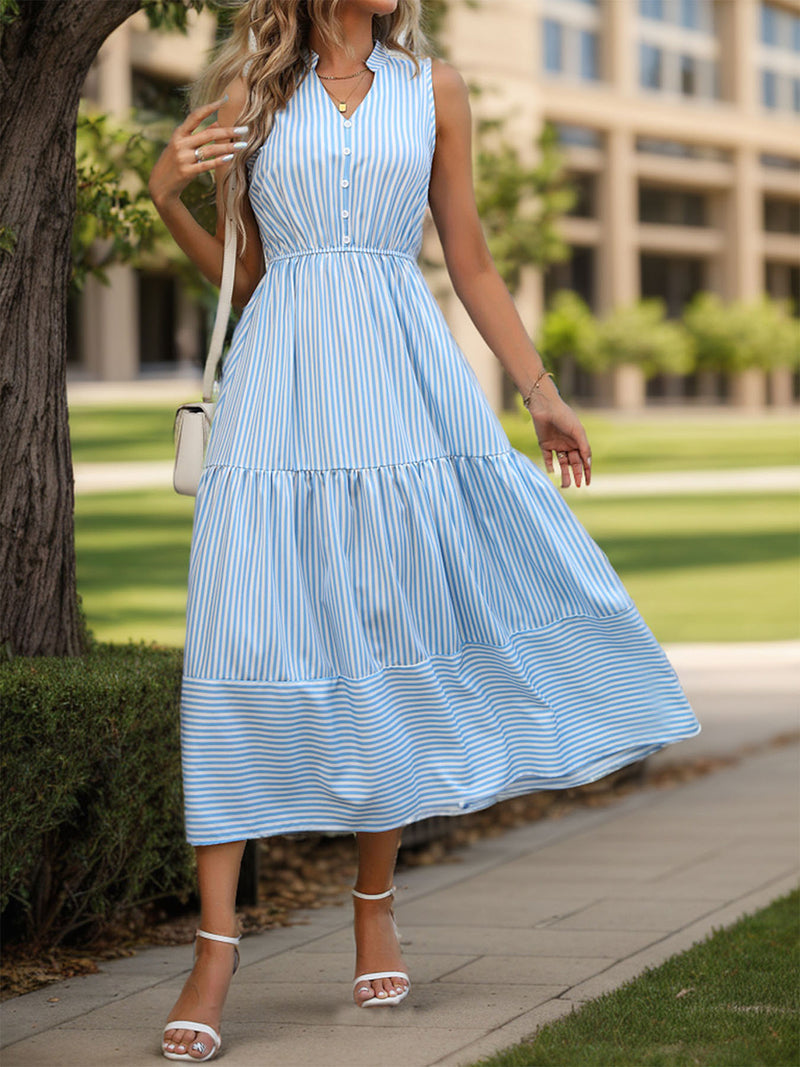 Michelle Striped Notched Sleeveless Midi Dress