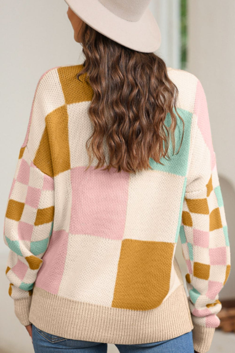 Amber Checkered Round Neck Drop Shoulder Sweater