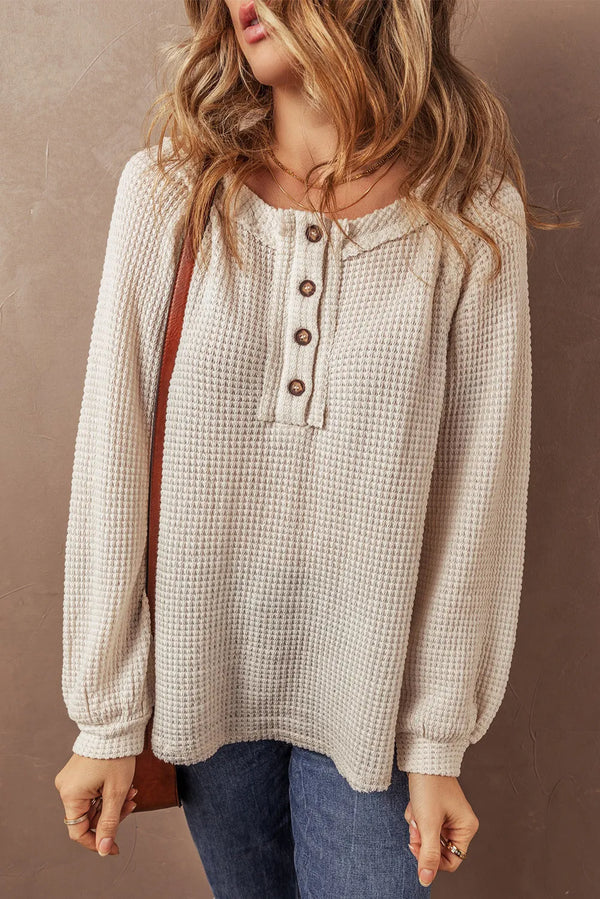 Quinn Waffle-Knit Half Button Round Neck Long Sleeve Top