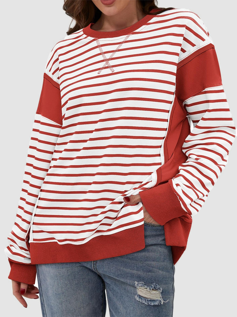 Chalesa Slit Exposed Seam Striped Long Sleeve Sweatshirt