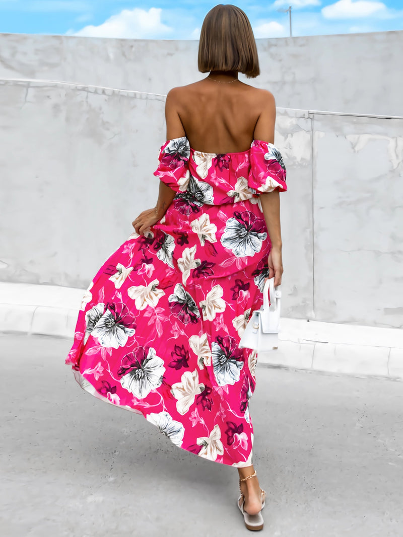 Dayna Pleated Floral Off-Shoulder Short Sleeve Midi Dress