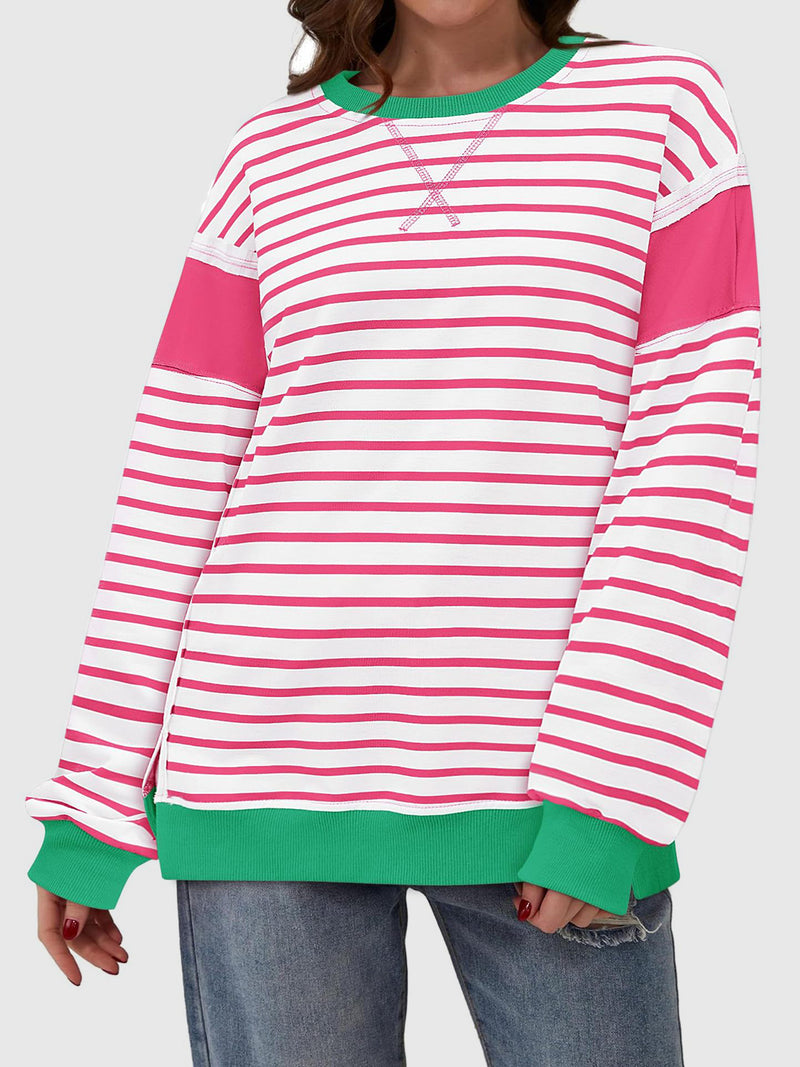 Chalesa Slit Exposed Seam Striped Long Sleeve Sweatshirt