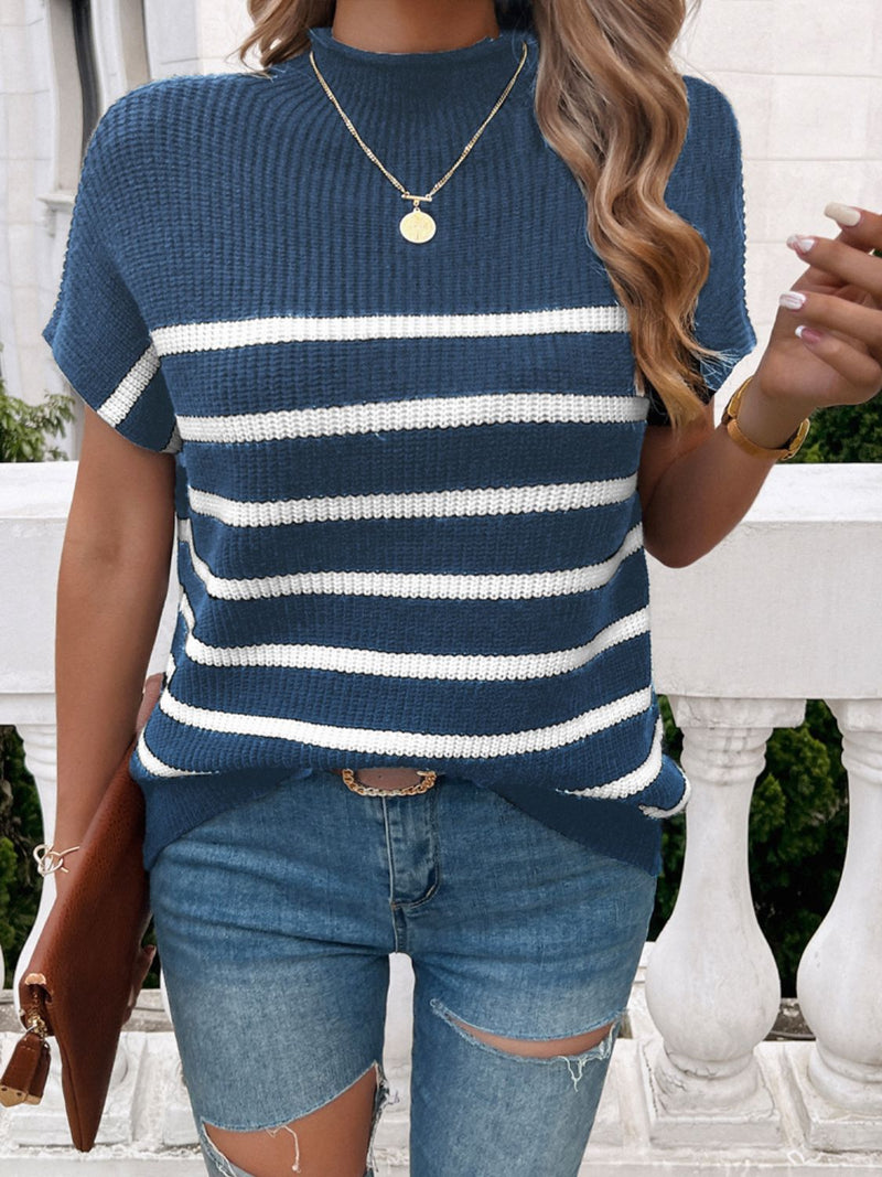 Pamela Striped Mock Neck Short Sleeve Sweater