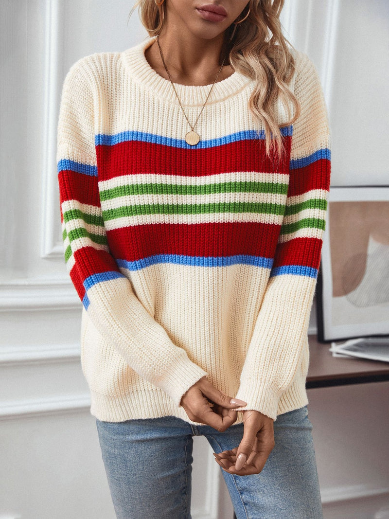 Conra Contrast Stripes Round Neck Long Sleeve Sweater