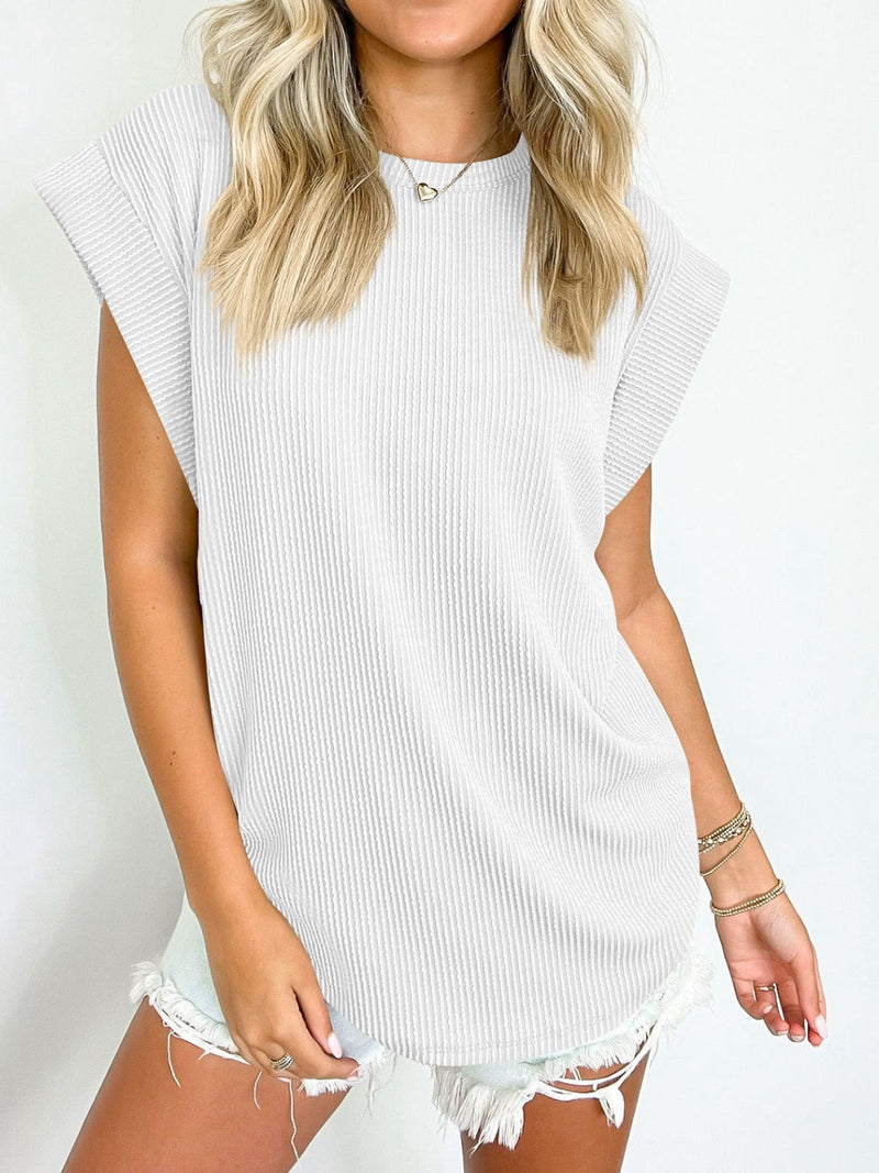 Lynn Textured Round Neck Cap Sleeve Blouse