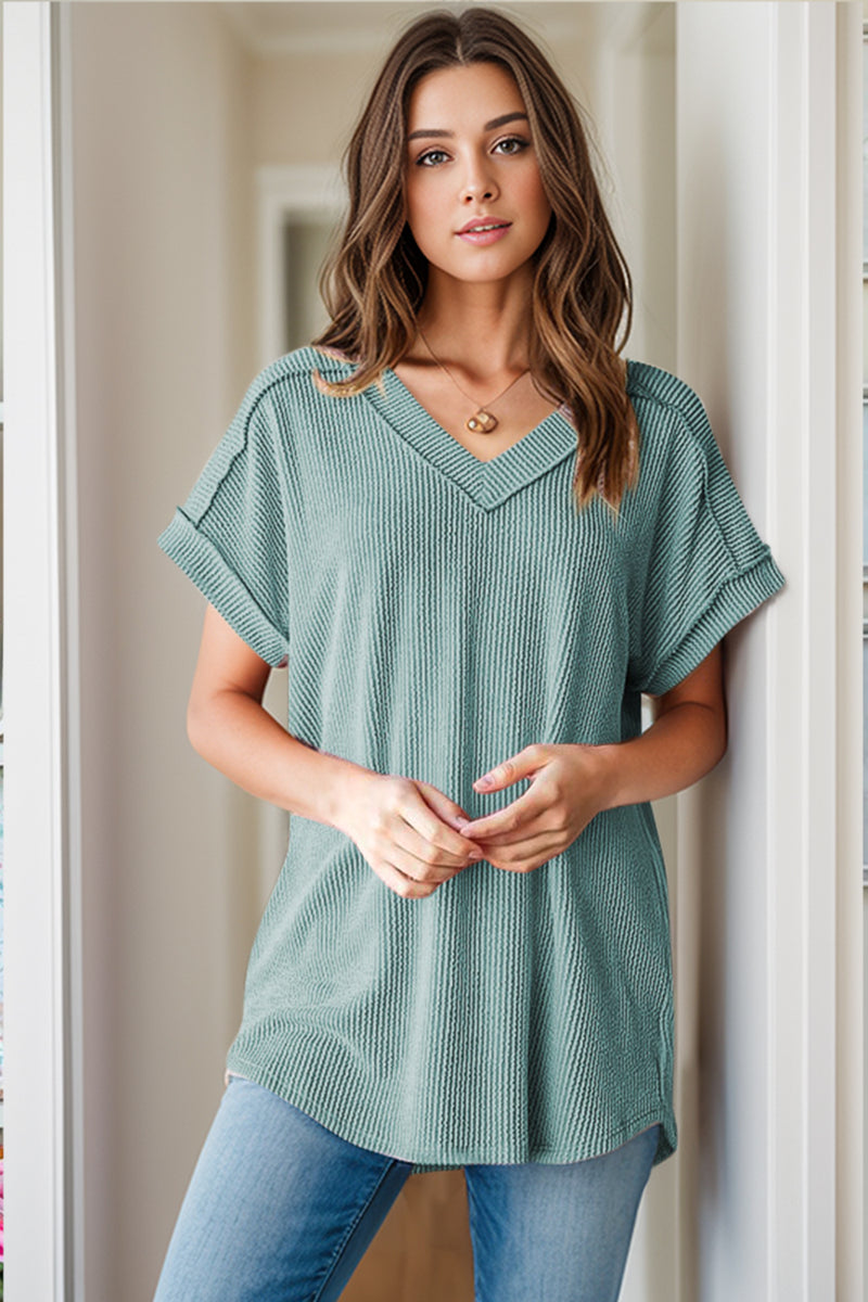 Alice Textured V-Neck Short Sleeve Top