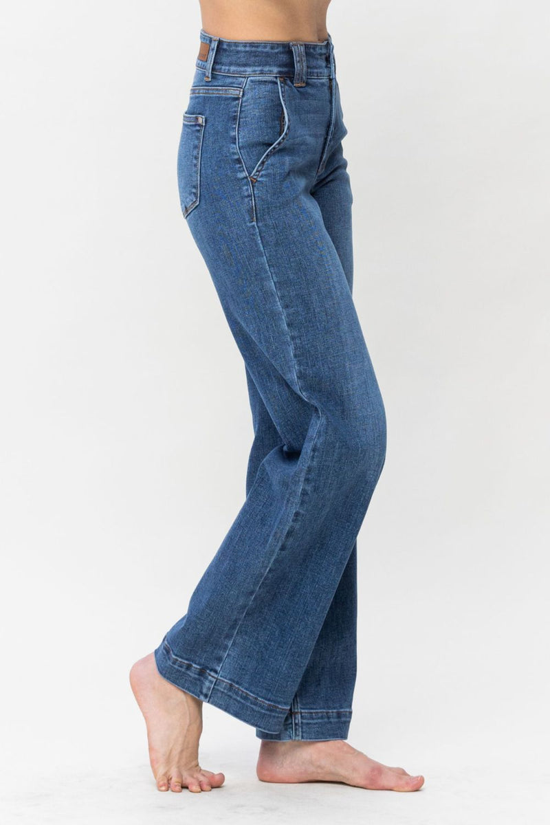 Rosie Judy Blue Full Size Double Button Wide Leg Jeans