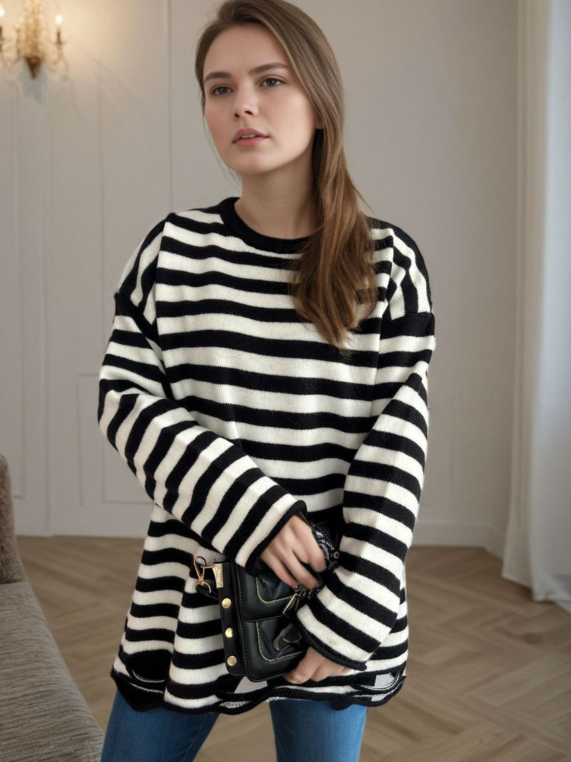 Luna Distressed Striped Round Neck Long Sleeve Sweater