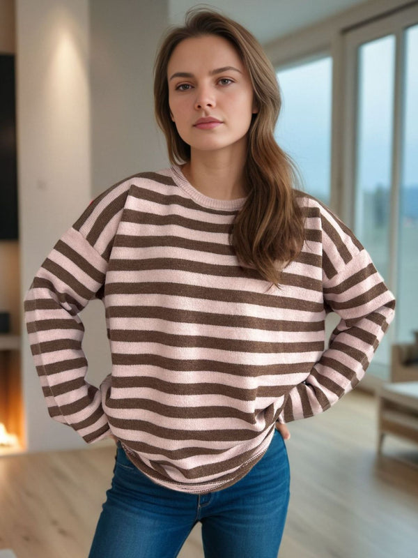 Luna Distressed Striped Round Neck Long Sleeve Sweater