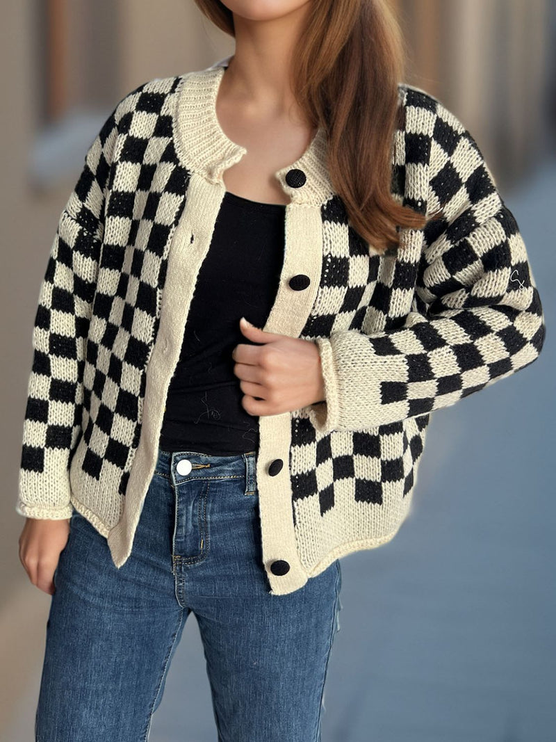 Tabbie Checkered Button Up Round Neck Cardigan