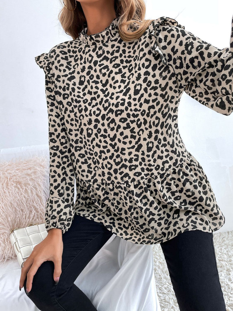 Marie Ruffled Leopard Mock Neck Long Sleeve Blouse