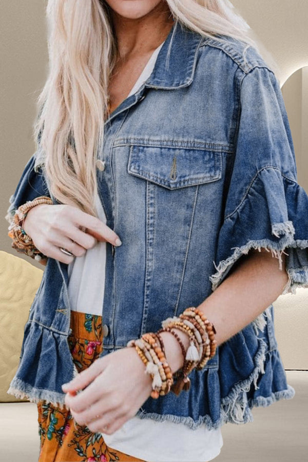 Kelise Ruffled Raw Hem Half Sleeve Denim Top